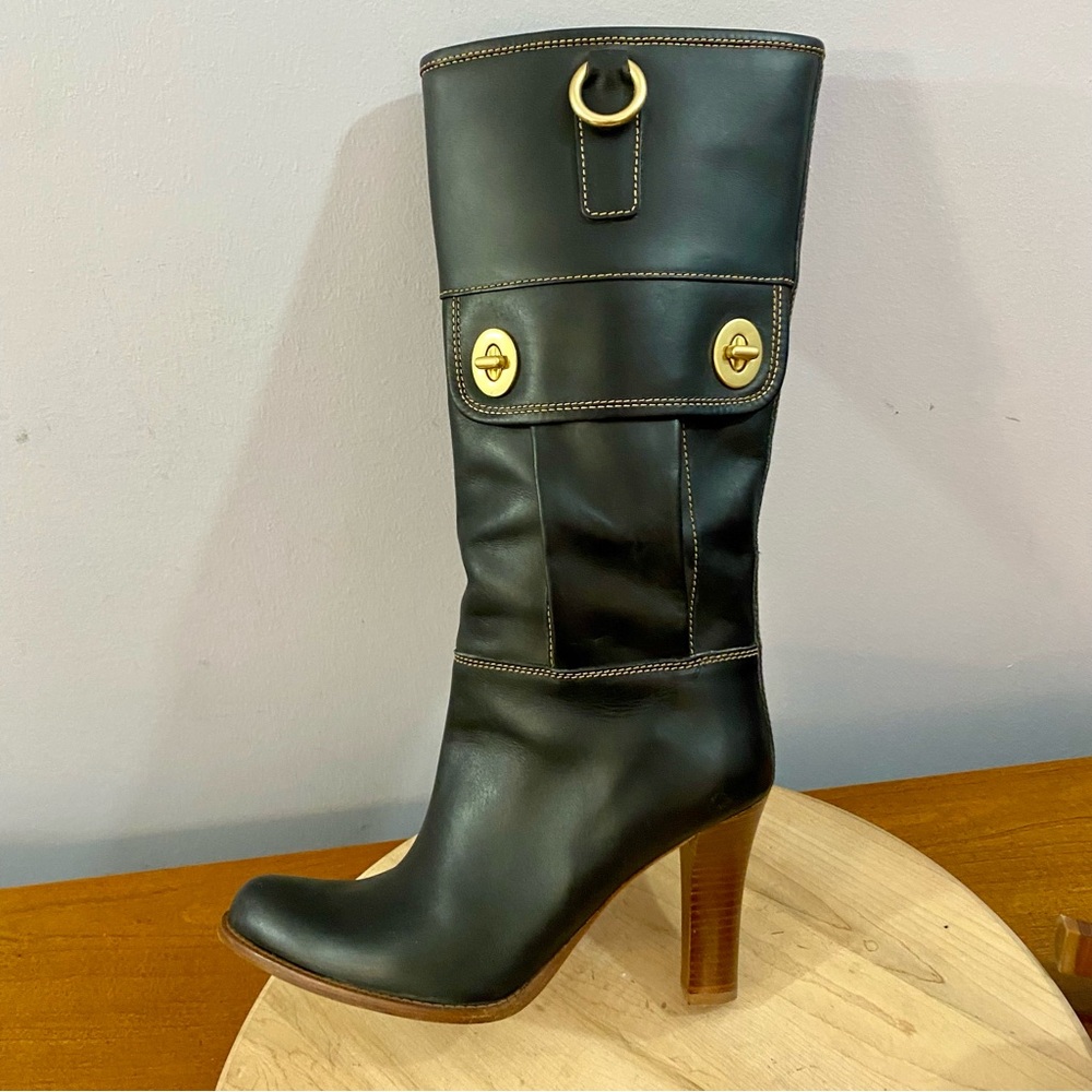 Coach Rory Turn Lock Mid-Calf Tall Boots Black Leather Women’s‎ 7.5 B Y2K 2000s